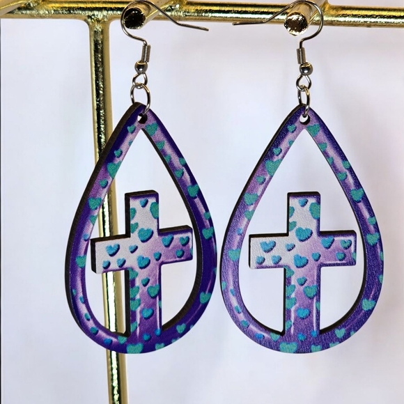 Wood Cross Purple & Blue Teardrop Earrings - Picture 2 of 3